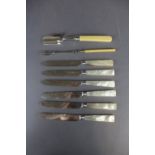 Sheffield plate mother of pearl knives, cheese scoop and pickler