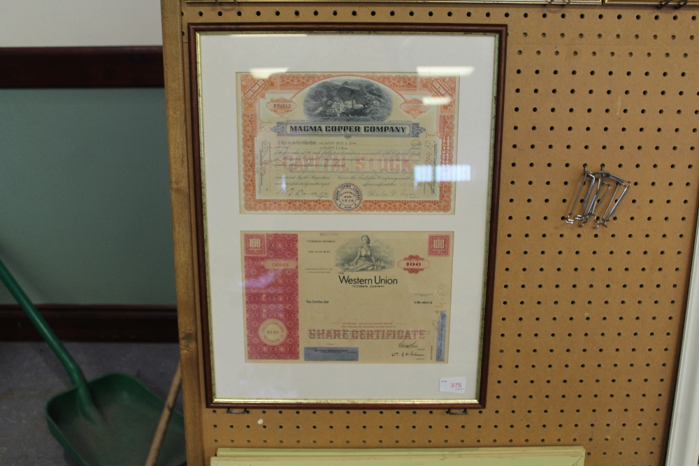 2 framed share certificates