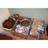 3 boxes miscellaneous china, copper, knitting patterns etc