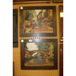 Pair of arts & crafts pictures-pyrography in oak frames