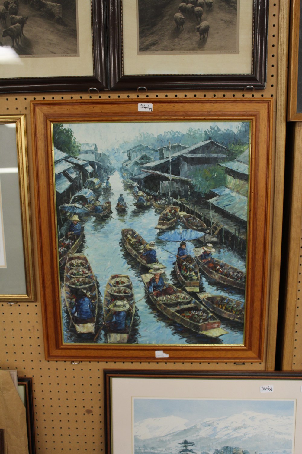 20th Century Thai School acrylic - busy river scene, 66cm x 55cm, board 66cm x 55cm, in wood