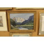 20th Century School - Oil painting - Swiss mountain scene, board 38cm x 52.5cm, in gilt frame.