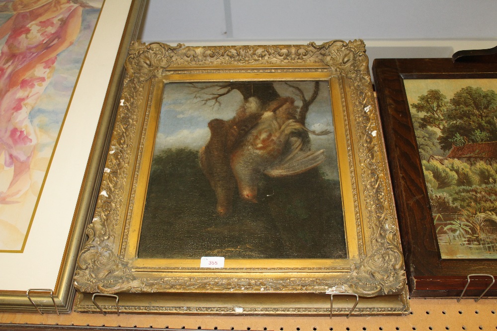 A 19th century oil on canvas, hanging game birds, gilt-framed. 41.5cm x 34cm. Some losses to