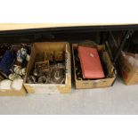 2 boxes of brass/plate & tribal woodwork vanity set