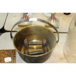 Brass jam pan and two iron weights