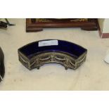 Edwardian silver plated curved table salt with blue glass liner