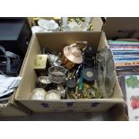 Box of various metal wares, copper kettle etc