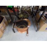 2 brass jam pans, copper coal scuttle and bed warming pan etc