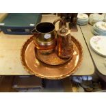 Art Nouveau Copper Lidded Tankard, Jug and 2 Trays