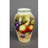 A Royal Worcester porcelain miniature baluster vase, decorated with fruit by Harry Ayrton, 10cm