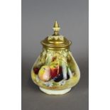 A Royal Worcester porcelain pot pourri vase and probably later cover of squat bulbous shape,