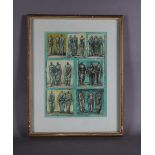 After Henry Moore (1898-1986) - Colour print - Groups of three figures, 29cm x 20cm, in painted