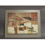 Nigel Edmonson - Ceramic plaque - Fell scene with houses, 36cm x 51cm, on wooden mount