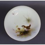 A Royal Worcester porcelain low comport, decorated with a Wren by Ernest Barker, 24cm diameter x 5cm