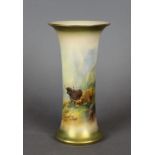 A Royal Worcester porcelain cylindrical spill vase with flared rim and foot, decorated with Highland