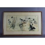 Colour print - Women making woodblock prints, 26cm x 53cm, framed and glazed