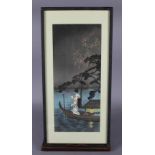 Three Japanese ukiyo-e coloured woodblock prints - River scenes and Geisha at night, each 37cm x