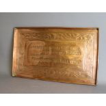 A Keswick School of Industrial Arts copper rectangular tray, engraved with band of flowers and