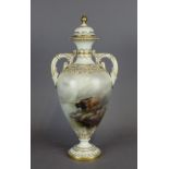 A Royal Worcester porcelain twin handled vase, decorated with cattle on a white ground, with cover