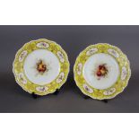 A pair of Royal Worcester porcelain yellow ground plates, decorated to centres with fruit by William