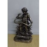 A polished Victorian cast iron stick stand, the back modelled with Herakles defeating the snake,