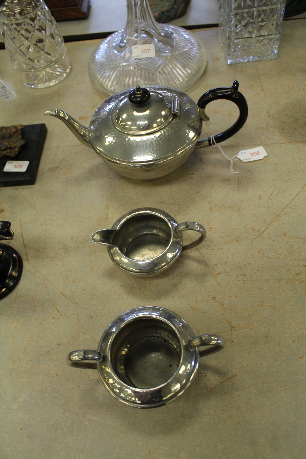 Civic Pewter Art & Craft style hammered teapot, jug and sugar