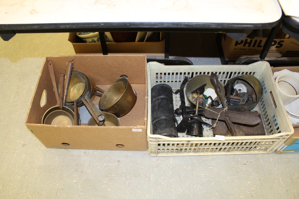 1 box of brass pans and 1 box other brassware items