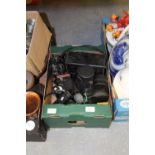 Box including Binoculars, lenses etc