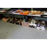 10 Boxes of copper/brass/pottery items and shaving set