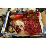 Box of ruby glass incl gilt cranberry glass vases