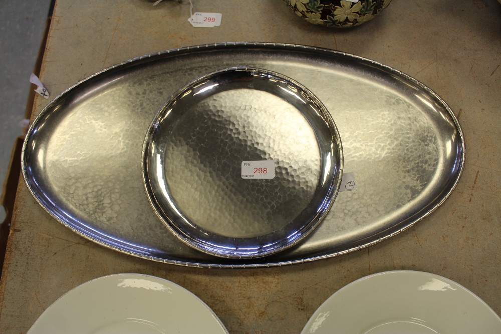 Two Keswick School of Industrial Arts Firth Staybrite stainless steel trays - oval 53cm x 28cm and