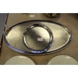 Two Keswick School of Industrial Arts Firth Staybrite stainless steel trays - oval 53cm x 28cm and