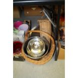 Stainless steel churn and bowl and 2 wicker work items