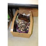 Box of sewing items & 2 large tins of buttons