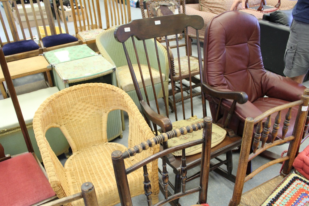 Leather swivel armchair, small wicker chair and rocking chair