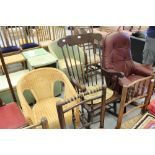 Leather swivel armchair, small wicker chair and rocking chair