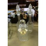 3 crystal decanters, 1 with solid silver 'Whisky' label