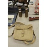 Two 1944 40mm Shell Cases and Canvas military satchel