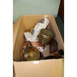 Box of brass & metal wares including bellows