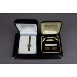 Rolled gold cuff links, tie pin, cigarette case etc