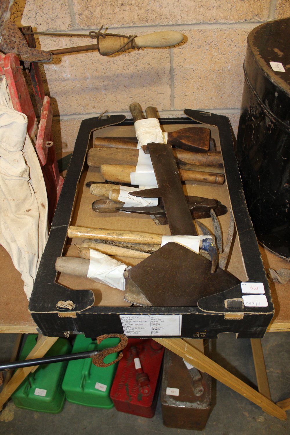 Box of various vintage hand tools, slate picks etc