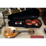 Cased violin and mandolin
