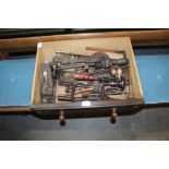 Box vintage hand tools, drills, levels, clamps, measuring instruments, Salters pocket balances etc