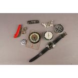 Tin containing watch, 925 earrings, compass etc