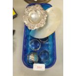 Eastern white metal dish, mother-of-pearl dish, napkin rings etc