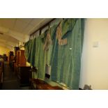 Quantity of heavy green lined curtains-large drop and tasseled ends