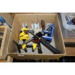 Box of tools, brace, plasterers hammer, hobby vice etc