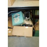 Box of photographic items including projector