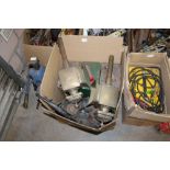 Box of petrol cans, carriage lamps etc