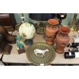 Pair of vases, brass plate, beswick horse (AF),globe and dog of foe